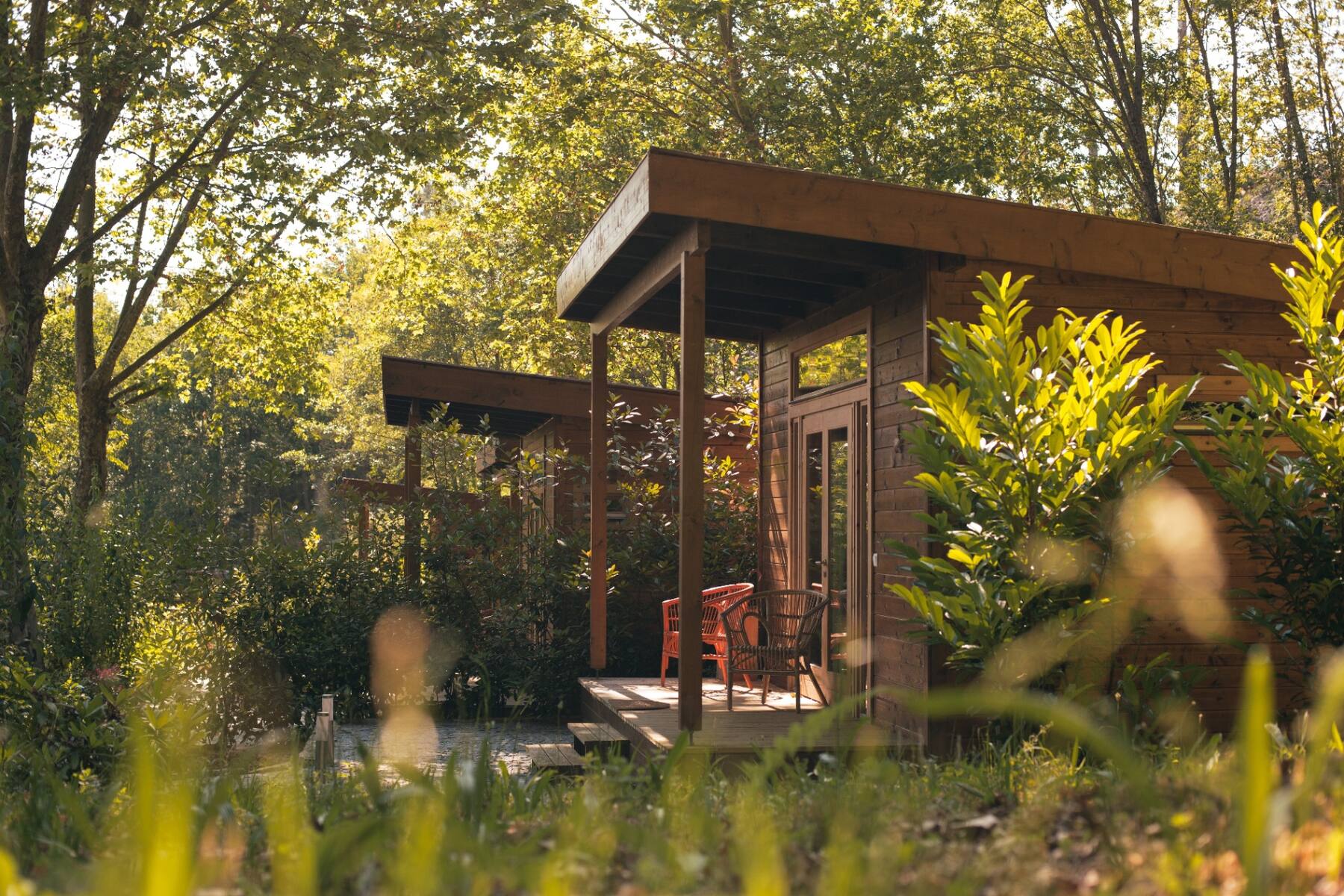 Wooden cabin nestled in the trees